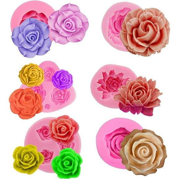6Pcs 3D Flower Silicone Molds Set, Bloom Rose Silicone Molds for Soap Making ,Peony Molds for Handmade Chocolate, Cupcake, Dessert Decoration