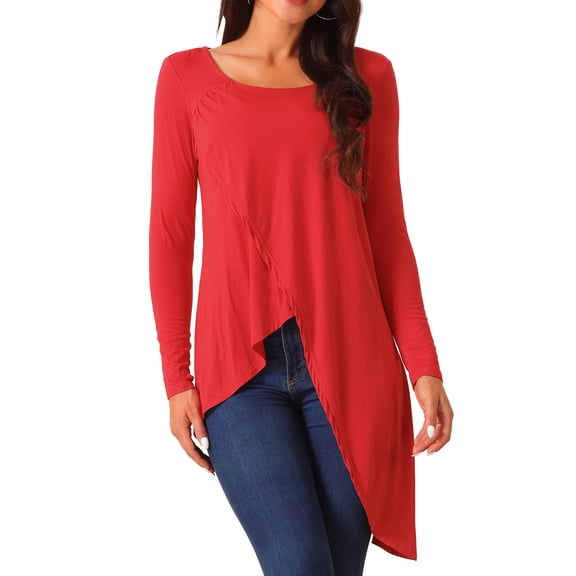 DARING DIVA Women's High Low Hem Long Sleeve Blouses S Red