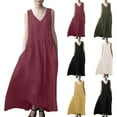 thumbnail image 1 of Gspmoly Robe pour Femme, Nouvelle Robe d'Été Européenne Ample Plissée à la Mode Sans Manches en Lin Uni, Robe Sans Manches à Col en V et Longueur Cheville, Robes d'Été pour Femmes jusqu'à 60 % de Rabais, 1 of 6