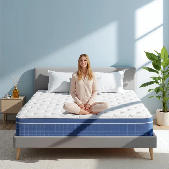 14-Inch Full Size Boxed Memory Foam Hybrid Mattress With Pocket Springs For Pressure Relief, Strong Edge Support Motion Isolation Medium Firm(Blue)