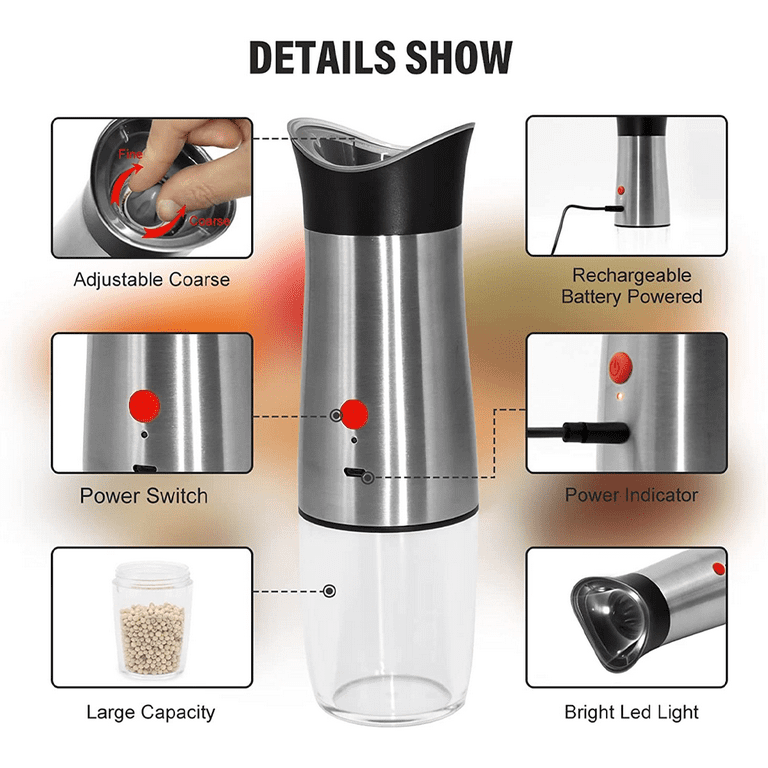 Electric Salt and Pepper Grinder Mill Rechargeable: - USB Automatic Gravity  Peppermills Set, Adjustable Grind Coarseness Refillable Auto Peppercorn  Shaker, Rechargable Battery Operated - ENDOMET
