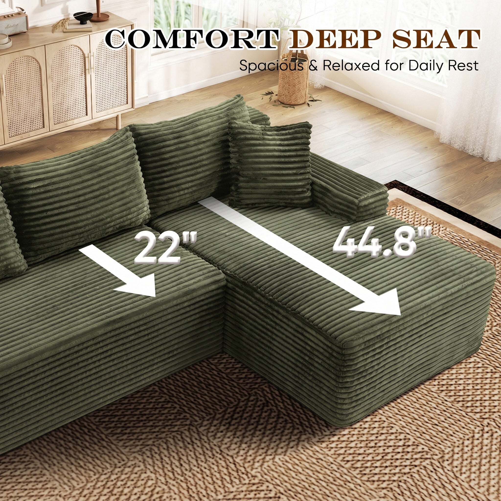 Lunale Small Modular Sectional Sofa with Movable Chaise, L-Shaped Boneless Cloud Couch for Living Room, Green (Right Facing Chaise)