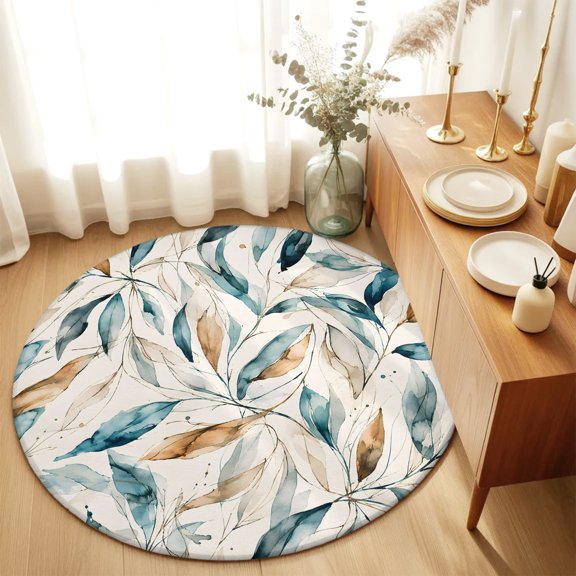 Round Rugs 6Ft, Tropical Leaves Round Area Rug Washable Indoor Throw Carpet, Modern Simple Abstract Botanical Watercolor Soft Non Slip Circle Rug for Office Cabinet Home Decor Aesthetic