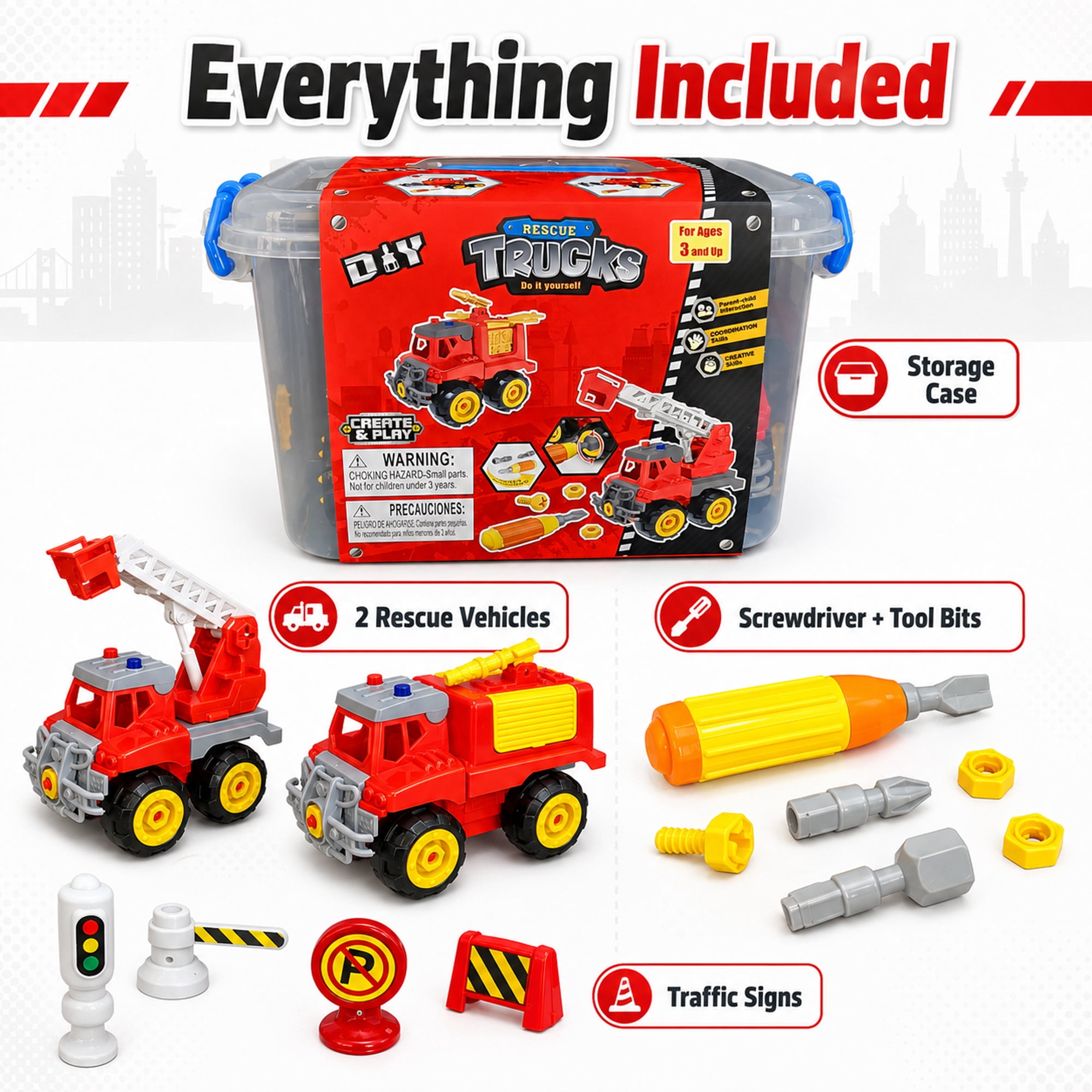 Take Apart Fire Truck Toy Set for Kids Ages 3+, DIY Rescue Vehicle Building Kit with Screwdriver, Traffic Signs & Storage Case