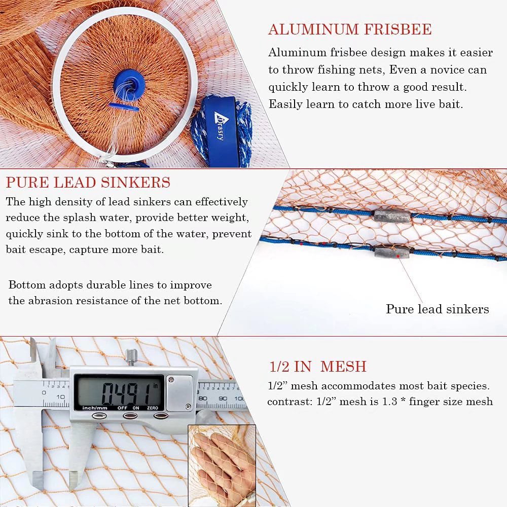 Buy Fishing Cast Net Aluminum Frisbee 12in Mesh 6FT Heavy Sinker