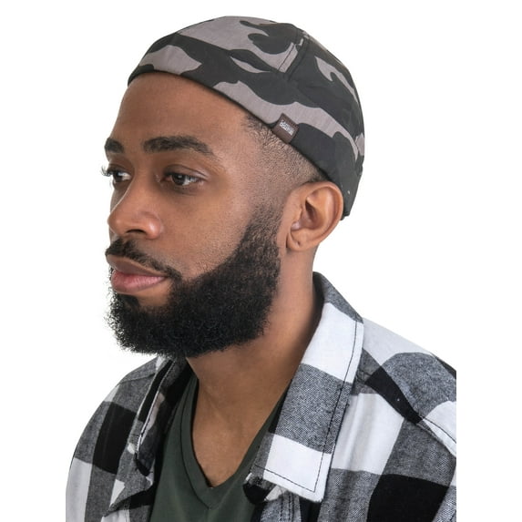 SnugZero - Brimless Adjustable Docker Hat Beanie | Retro Cotton No Visor Cap (Army Camo with Cuff)