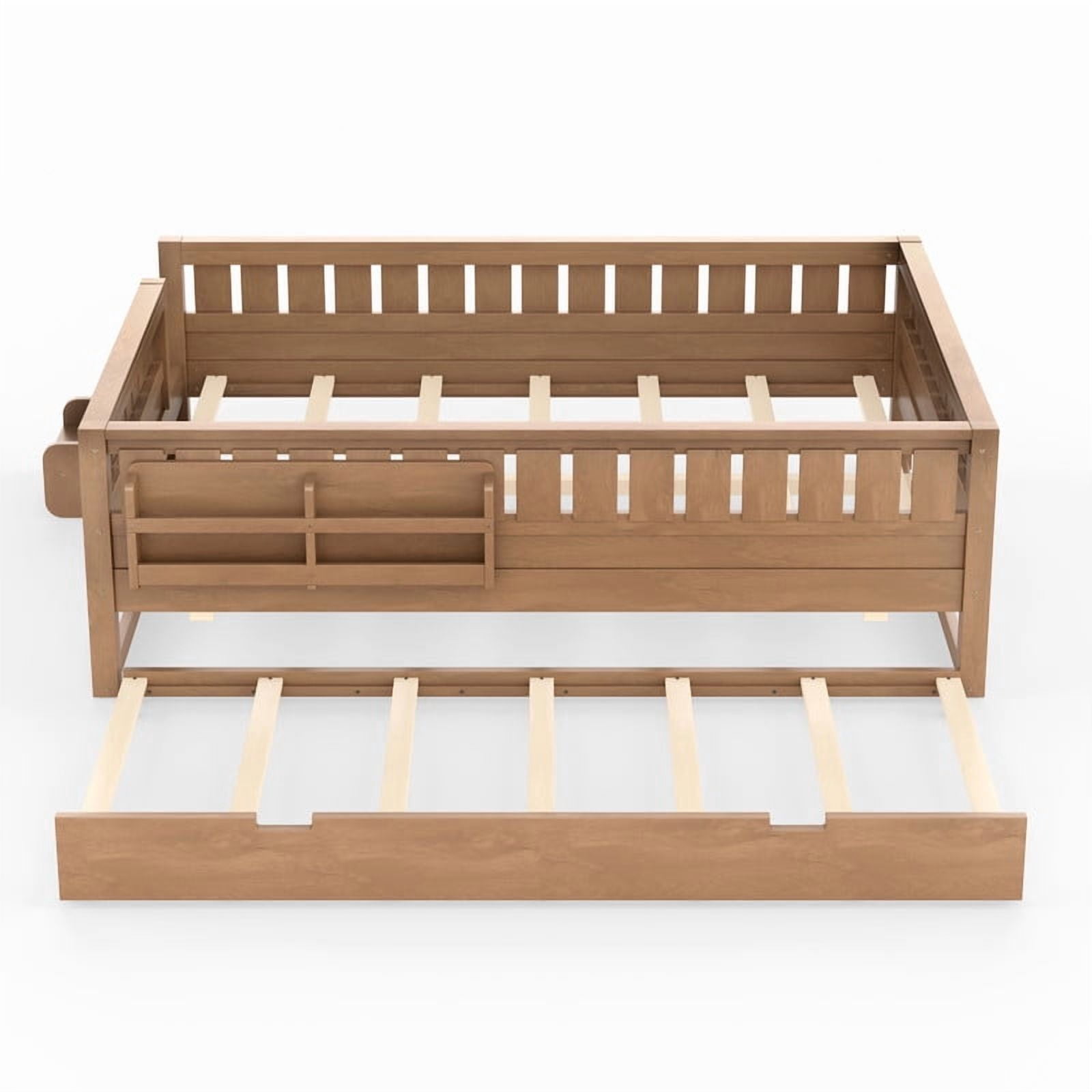 Queen Size Low-Profile Kid's Platform Bed with Built-in Bookshelves & Small Staircase, Wooden Bed Frame with Safety Rails & Trundle