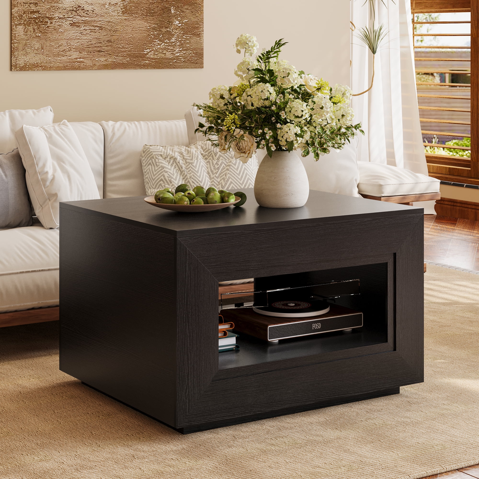 GUNAITO Lift Top Coffee Table with Storage, Wooden Convertible Coffee Table with LED Lights for Living Room, Square Center Table, Black