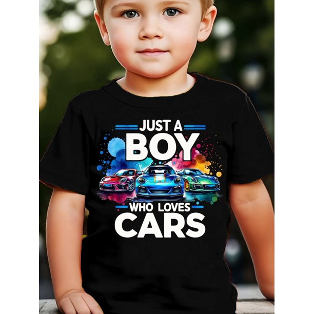 GOURD DOLL Summer Fashion Boys' T-Shirt - "Just A Boy Who Loves Cars" Colorful Print, Comfy Cotton, Casual Round Neck Short Sleeve Tee, Machine Washable