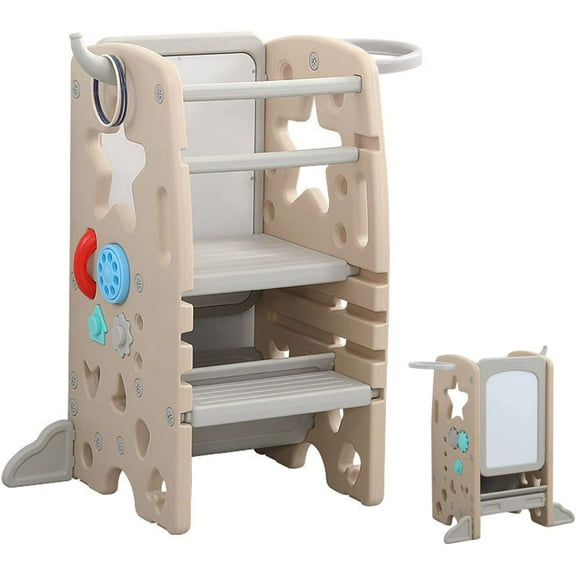  Multifunctional Kids Step Stool w/Double Safety Rails, Height Adjustable, Toddler Tower for Kitchen Countertop and Bathroom w/Drawing Board & Storage (OMLT-Light Brown)
