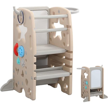 ® Multifunctional Kids Step Stool w/Double Safety Rails, Height Adjustable, Toddler Tower for Kitchen Countertop and Bathroom w/Drawing Board & Storage (OMLT-Light Brown)
