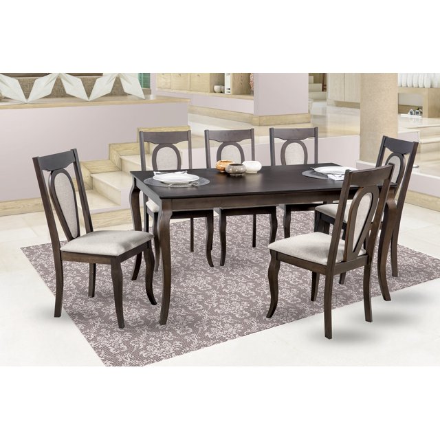 comedor canvas 6 sillas madera mobilkraft modelo canvas estilo clasico color wedge o chocolate conjunto con mesa rectangular 150 x 90 x 75 cm y seis sillas 45 x 53 x 96 cm; estructura de madera color wedge, cubierta de MDF en la mesa, sillas tapizadas en tela estampada, vista 3/4 en ambiente interior. Su tamaño lo hace adecuado también para comedores familiares o espacios de comedor formales.