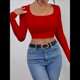 thumbnail image 5 of Tops Cortos de Larga para Mujer, con Cuello Cuadrado Acanalado, Ajustados, Informales, A para Dama Rojo L, 5 of 8