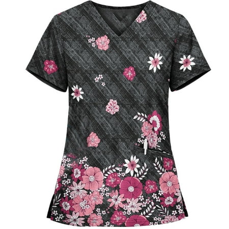

ELFINDEA Ladies Short Sleeve V-neck Pocket Workwear Top