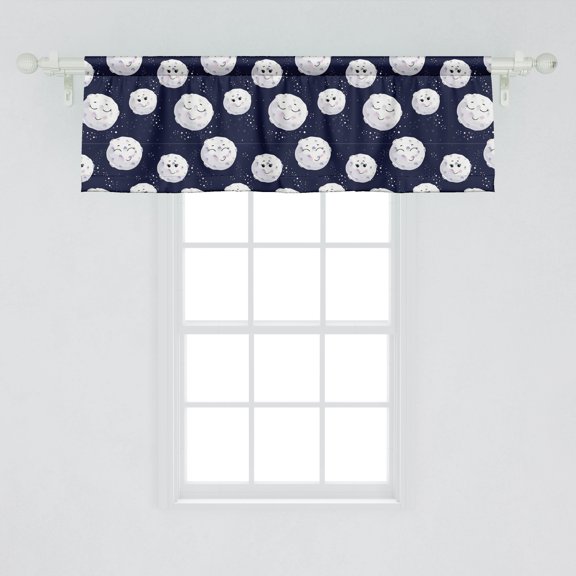 Night Sky Window Valance Pack of 2, Smiling Moon Cartoon Characters Dots as Stars, Rod Pocket Curtain Valances Kitchen Bedroom, 2 Sizes, Violet Blue Ceil Blue, by Ambesonne