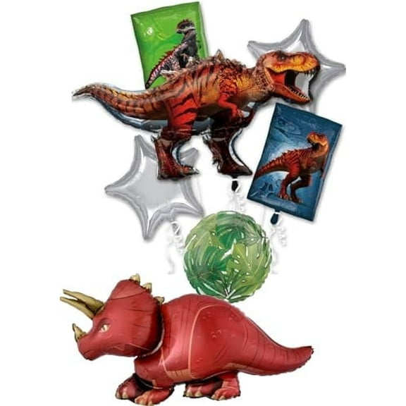 Jurassic Dinosaur World T-Rex and Triceratops Birthday Party Supplies Foil Balloon Bouquet Decorations