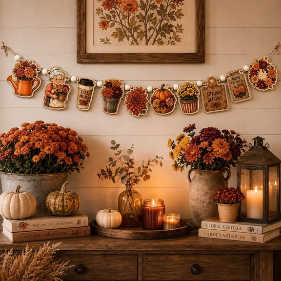 Fall Mums Floral Wooden Garland for Seasonal Entryway Decor