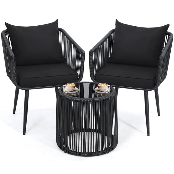 Murago 3 Piece Patio Rattan Bistro Conversation Set, Outdoor All Weather Wicker Furniture Chair Set with Glass Tabletop for Balcony, Porch and Backyard, Black