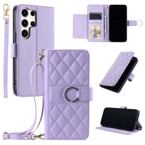 Dteck For Samsung Galaxy S23 Ultra Case, Crossbody Lanyard PU Leather Flip Folio Wallet Magnetic Clasp Card Slots Kickstand Phone Cover, Purple