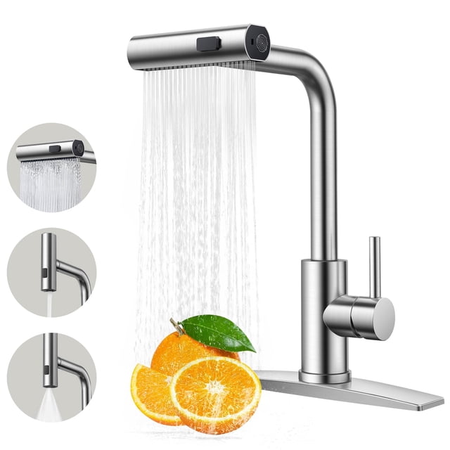 FORIOUS Kitchen Faucet with Pull Down Sprayer, Waterfall Sink Faucet for 3 Function, Stainless Steel Single Handle Modern Laundry Faucet fo
