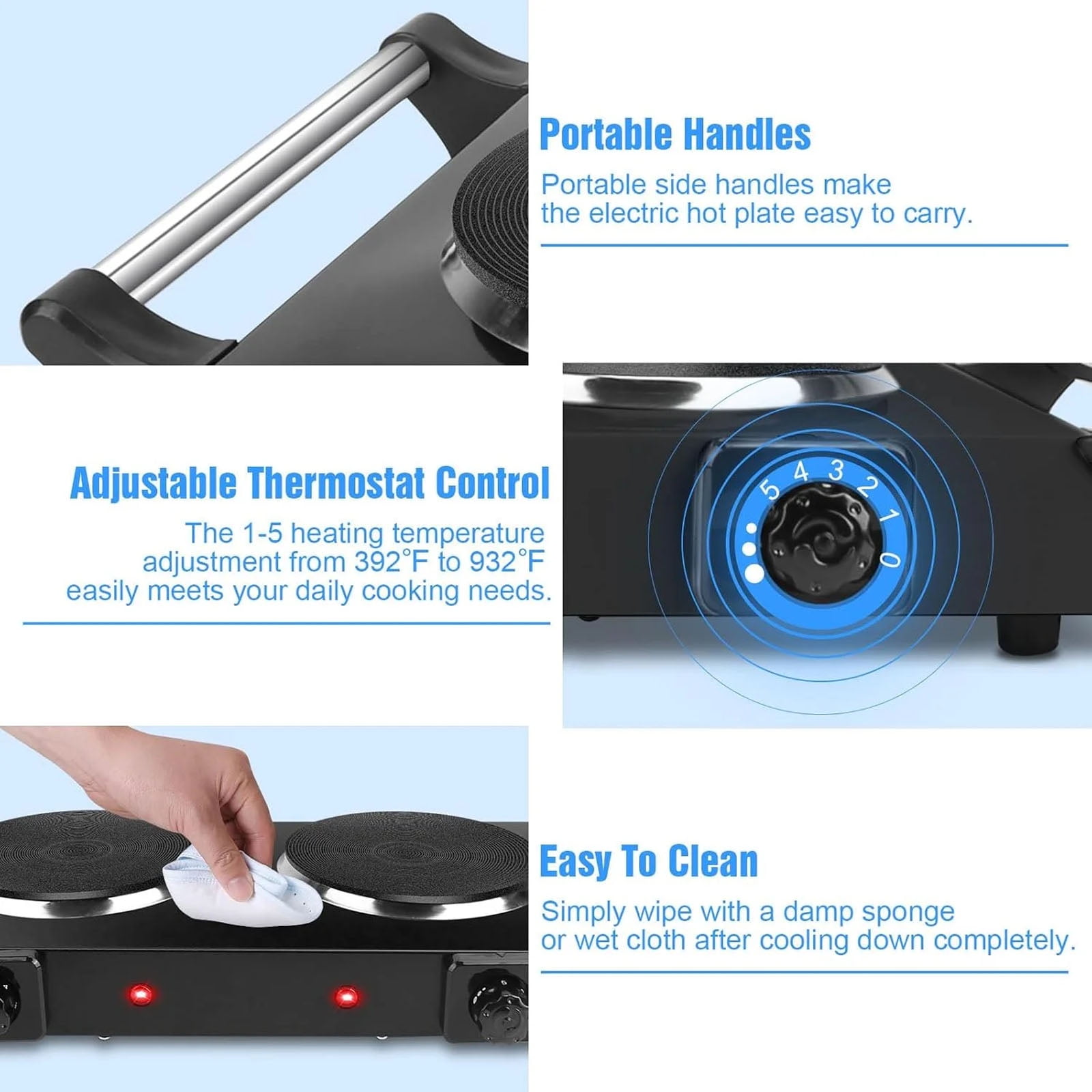 2000W Double Countertop Burner, Portable Electric Hot Plate and Stove with 5 Temperature Controls, Lightweight Burner Cooktop for Kitchen, Dorms, Apartments, RV, Black