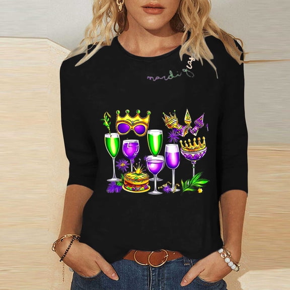 Gamivast Mardi Gras Shirts for Women Funny Graphic 3/4 Sleeve Crew Neck Pullover Casual Loose Tunic Cute Holiday Blouses Carnival Party Outfits