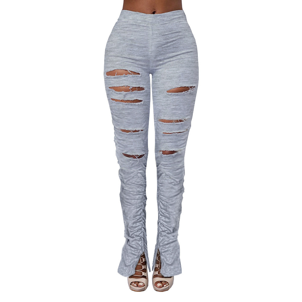 Kentiuttd Women's Fashion Solid Color Wide Leg Flare Stacked Pants Stretchy Folds Holes Leggings Vintage Trousers Tracksuit Pants, Size: Large, Gray
