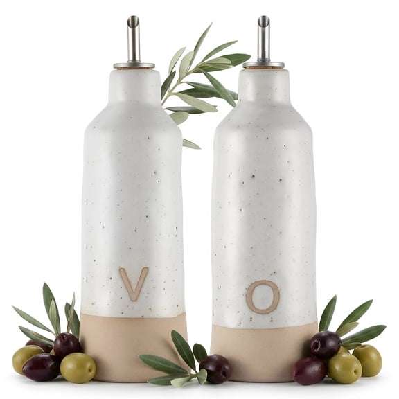 2 Pcs Oil and Vinegar Dispensers, Ceramic Olive Oil Dispensing Bottles, 20 fl oz Opaque Stoneware Cruets, Labeled O and V Pourers, Kitchen Countertop Cooking Liquid Storage