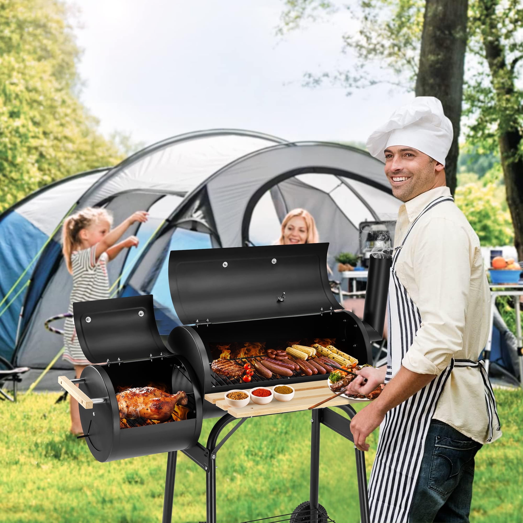 Grill, Enyopro Charcoal Grill, Portable BBQ Grill & Smoker Combo, with Offset Smoker and Wood Shelf, Thermometer, Wheels, for Outdoor Picnic, Patio, Backyard, Camping