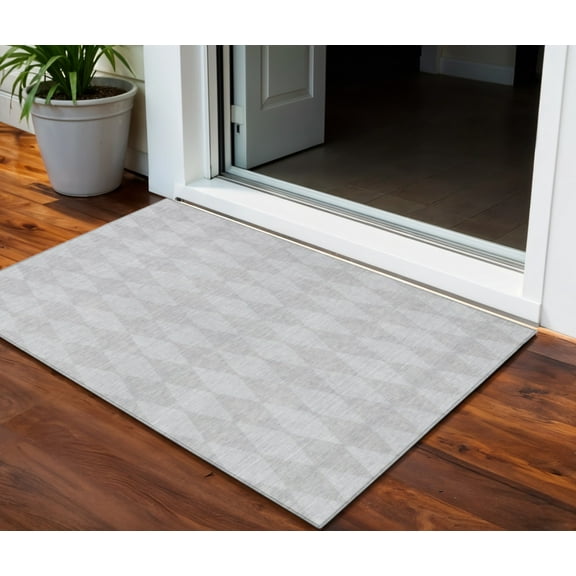 3' X 5' Pewter And Silver Geometric Washable Indoor Outdoor Area Rug