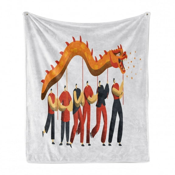 Dragon Soft Flannel Fleece Throw Blanket, Joyous Men in a Dance Parade Holiday Ceremony Concept Ethnic Chinese, Cozy Plush for Indoor and Outdoor Use, 60" x 80", Marigold and Multicolor, by Ambesonne