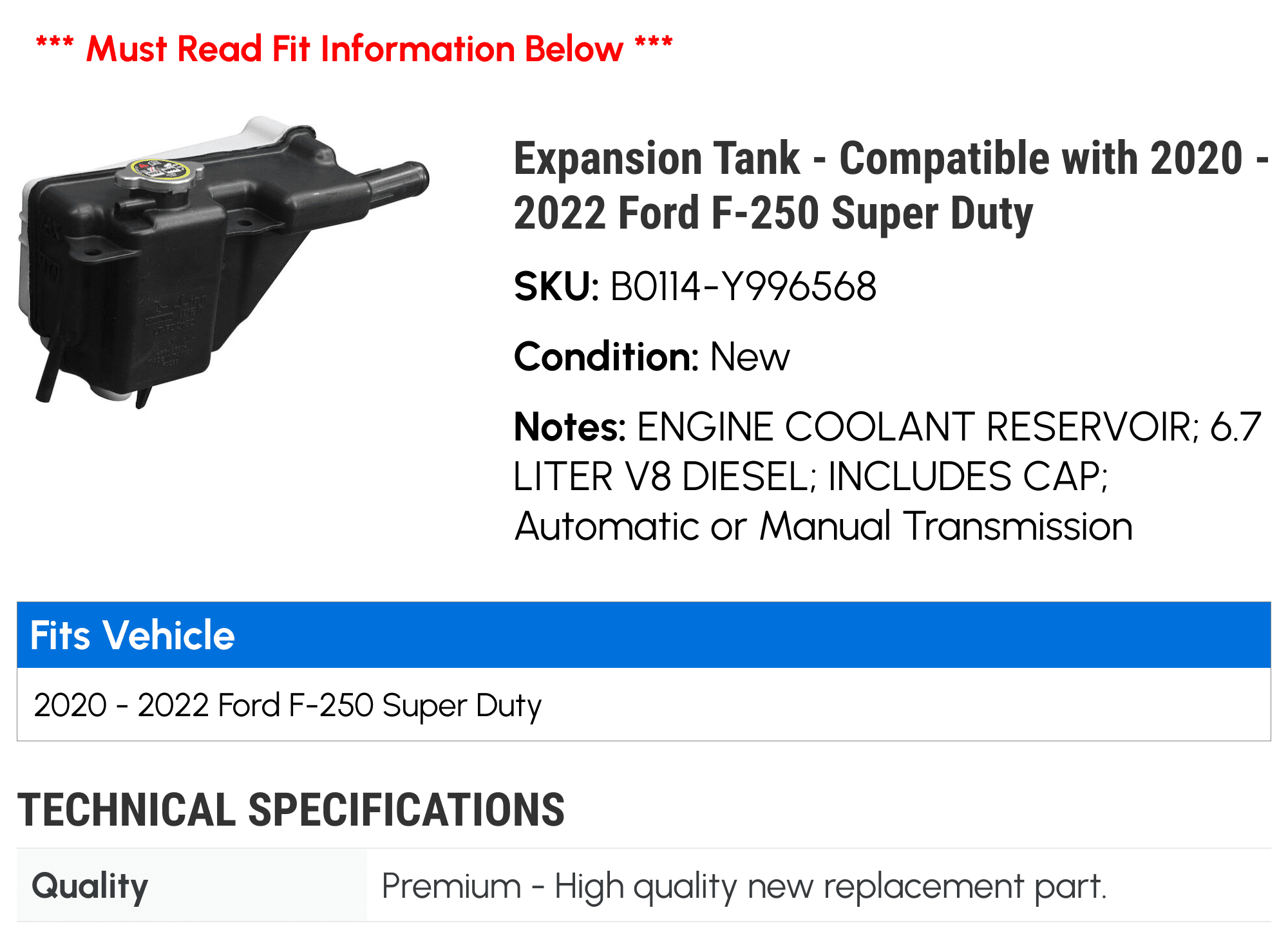 Expansion Tank - Compatible with 2020 - 2022 Ford F-250 Super Duty 2021