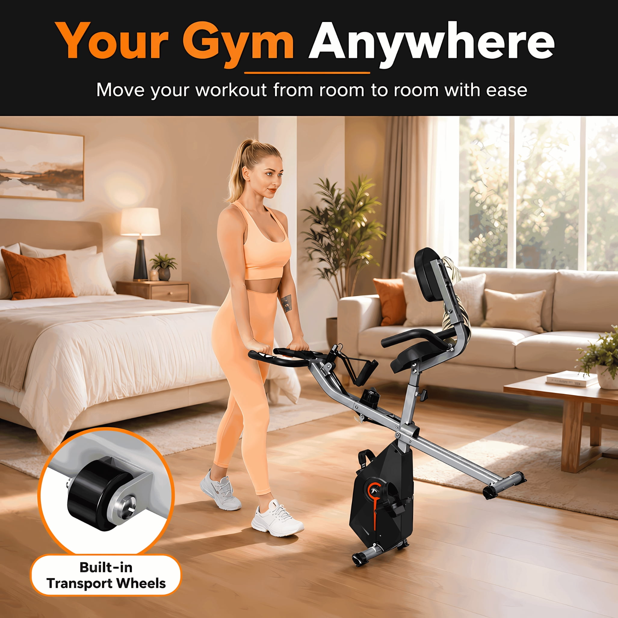 USLIM Foldable Exercise Bike for Home, Stationary Bikes for  Cardio Workout with 16-Level Resistance, Resistance Bands, LCD Monitor, 300 lb Capacity