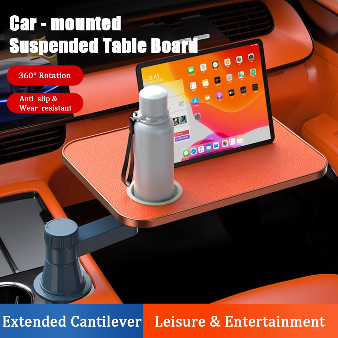 Rectangular Multifunctional Car Table for Rear Seat, Laptop Writing Board for Meals & Work, 360° Rotating Cantilever, Scratch-Resistant PU Leather Car Tray, Fits Most Car