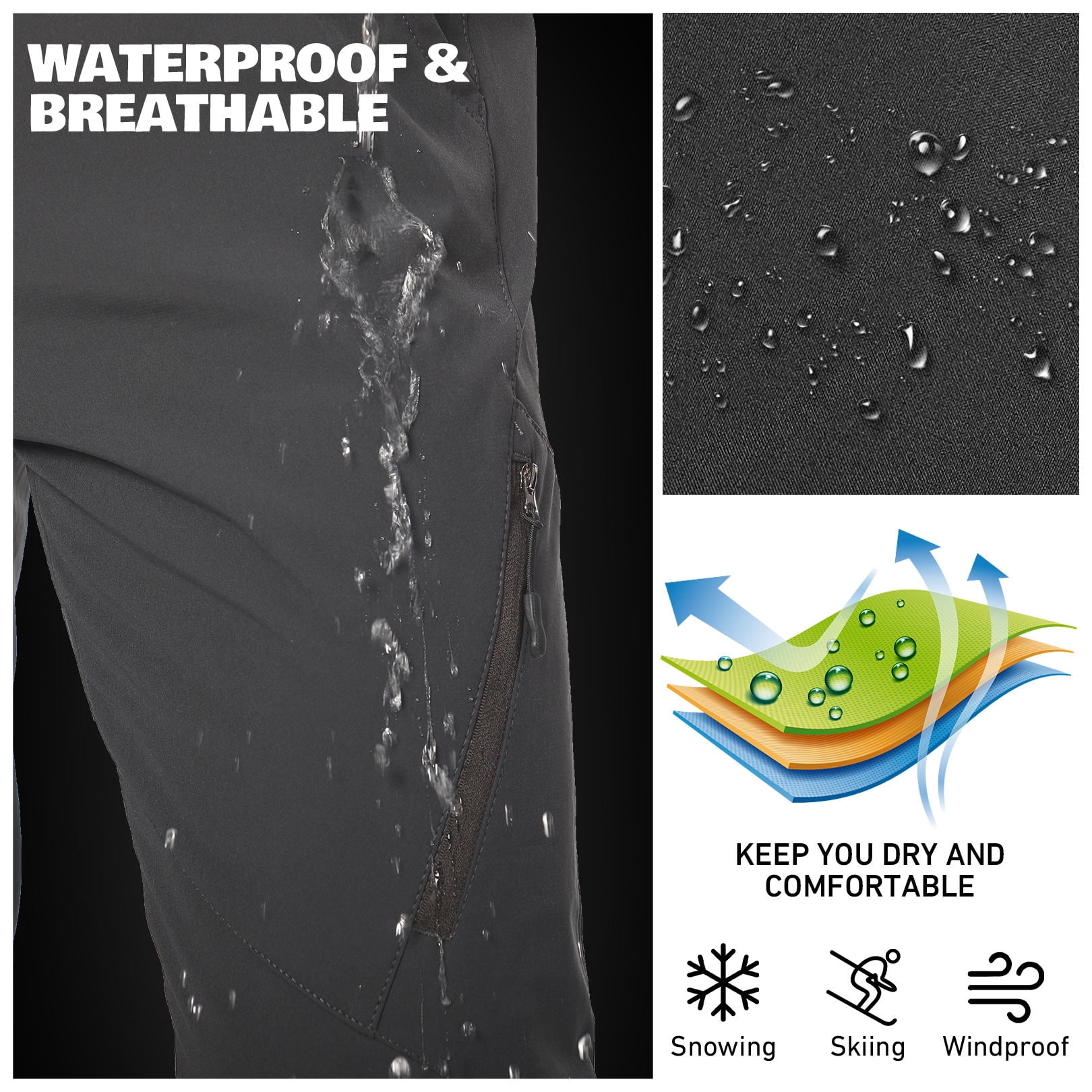 FEN AI Snow Ski Pants Men Waterproof Softshell Pant Snowboard Trousers Fleece Lined Outdoor Hiking Cargo Pants with 6 Pockets