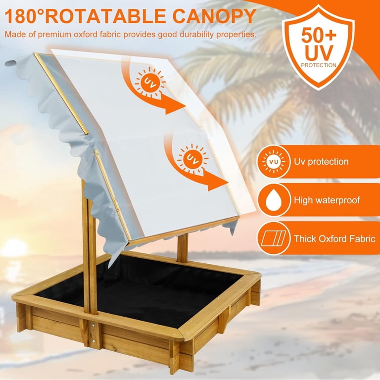 Sandbox With Cover & Adjustable Canopy - 45x45 Inch Wooden Sand Box With 2 Toy Bins, 4 Benches For Kids Outdoor Play