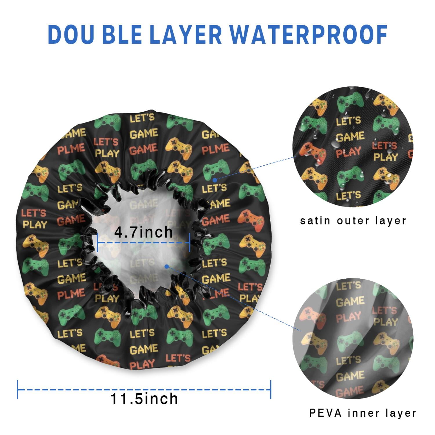 Shower Caps,Multicolor Controllers Games Text Black Pattern Waterproof Shower Cap for Women 4 Pieces,Double Reusable Hair Cover for Shower PEVA Elastic Stretch Hem