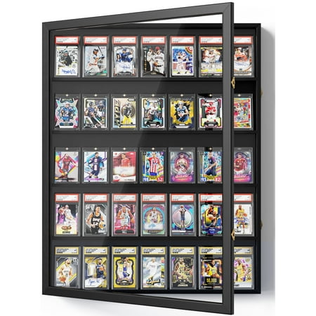 Card Display Case  35 Graded Sports Display Frame with UV Protection Clear View Lockable for Football Baseball Basketball Hockey Comic Trading Cards Black