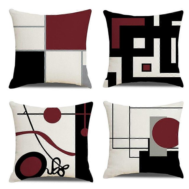 SZTXJ Cushion Cover, Set of 4 Cotton and Linen Modern Black Red Geometric Pattern Decorative Pillow Case Decoration 45 x 45 cm for Sofa Bedroom Home
