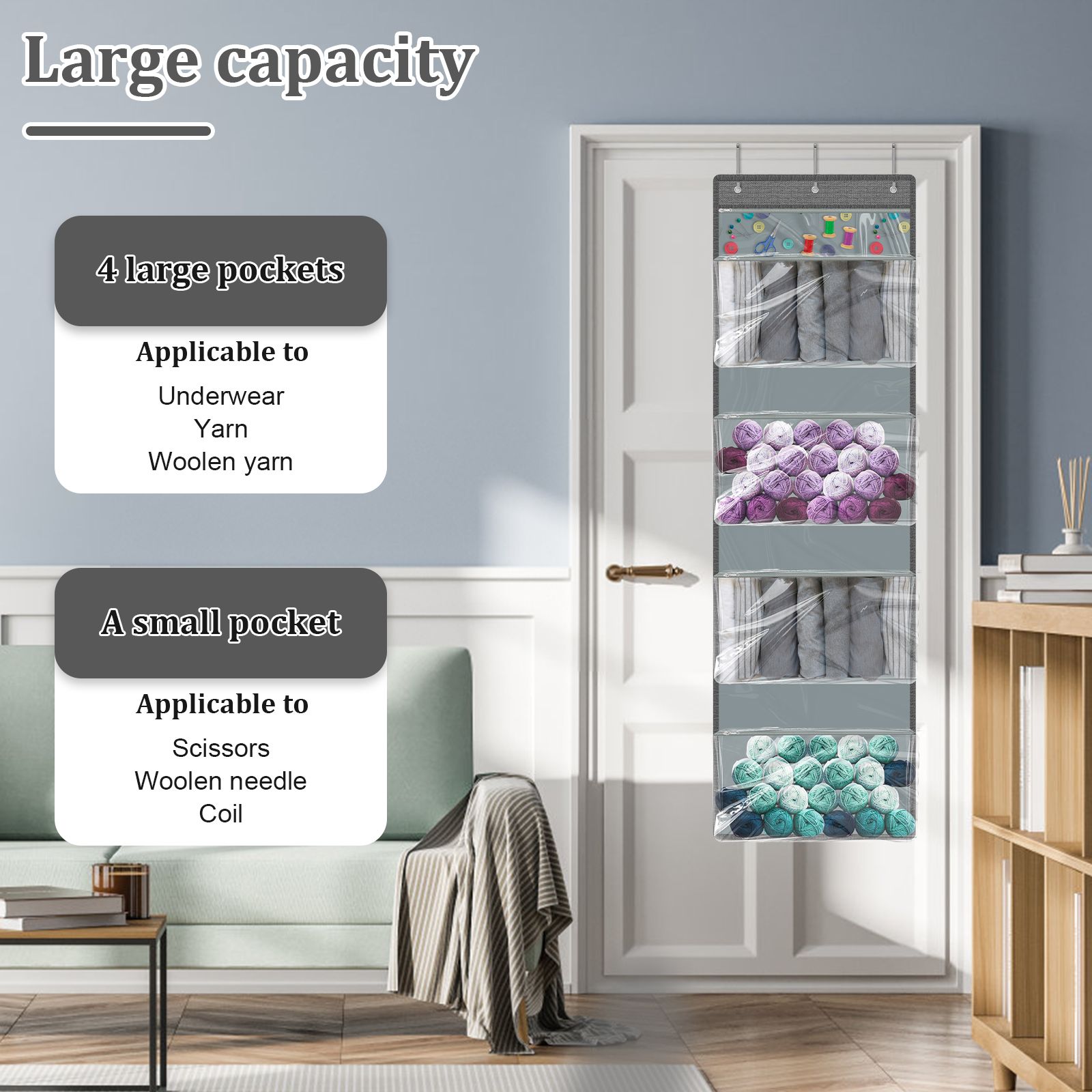 Hanging Yarn Storage Organizer Large Capacity Knitting Storage Organizer Space Saving Yarn Storage with 5 Zippered Compartments for Crochet Knitting Lovers