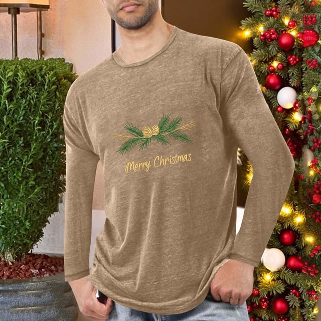 Blusas y camisas de manga larga con cuello redondo para hombre, deportivas, fitness, hogar, pijamas navideños estampados, camiseta de manga larga con cuello redondo, blusa de poliéster para hombre
