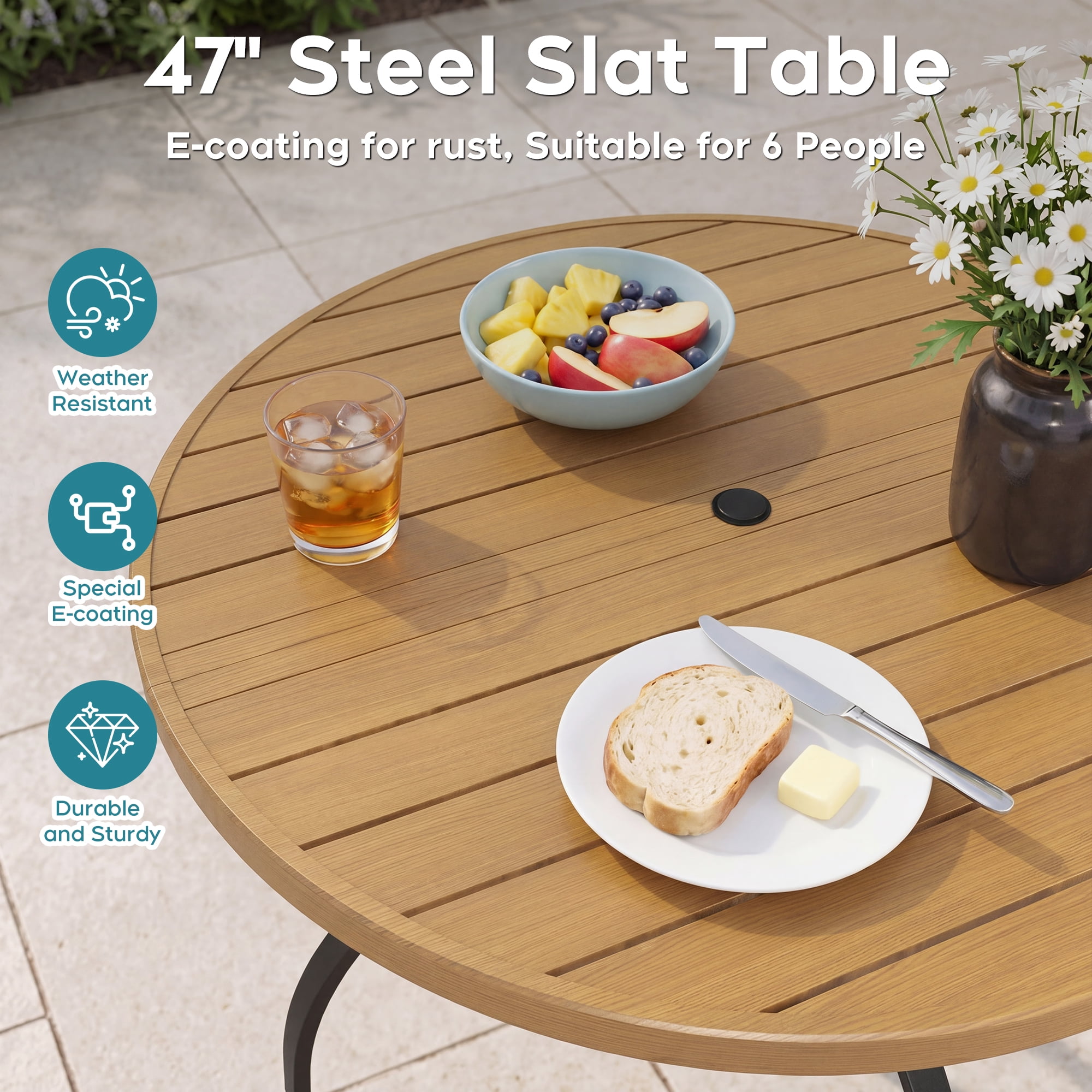 47 Inch Round Dining Table, Natural Steel Frame