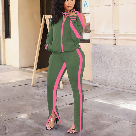 Itsame Tops and Pants Activewear Set Womens Sweatsuits 2pcs Sets Long Sleeved Zipper Women Athletic Outfit Sets Green Size XL
