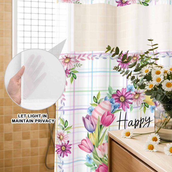 No Hook Shower Curtain with Built-in Rings - Happy Easter Washable Waterproof Fabric Bathroom Curtains for Hotel,Rentals, Stall 54 X 78 Inch , Spring Tulips Eggs Daisy Floral Color Plaid
