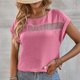 thumbnail image 2 of Camiseta de mujer ahuecada cuello redondo liso casual cómodo manga corta Top para el hogar ocio diario rosa rojo S, 2 of 8
