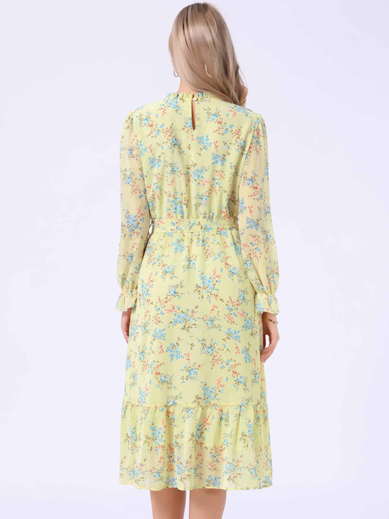 DARING DIVA Fall Floral Long Sleeve Chiffon Midi Dress S Yellow