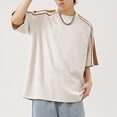 thumbnail image 5 of Men Crewneck Short Sleeve T Shirt Splicing Letter Embroidered Round Neck Male Color Blocking T Shirt Beige L, 5 of 8