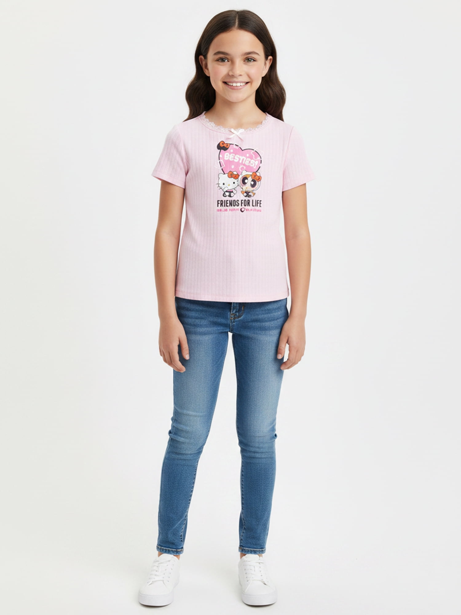 The Powerpuff Girls x Hello Kitty Besties for Life Girl’s Graphic Pointelle Knit Crewneck Tee with Short Sleeves, Sizes 4-16