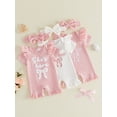 thumbnail image 3 of BemeyourBBs She‘s Here Baby Girls Spring Summer Fall Clothes Newborn Baby Girl Hospital Going Home Outfit Waffled Romper Bow Letter Print Ruffle Short Sleeve One Piece Jumpsuit with Headband, 3 of 9
