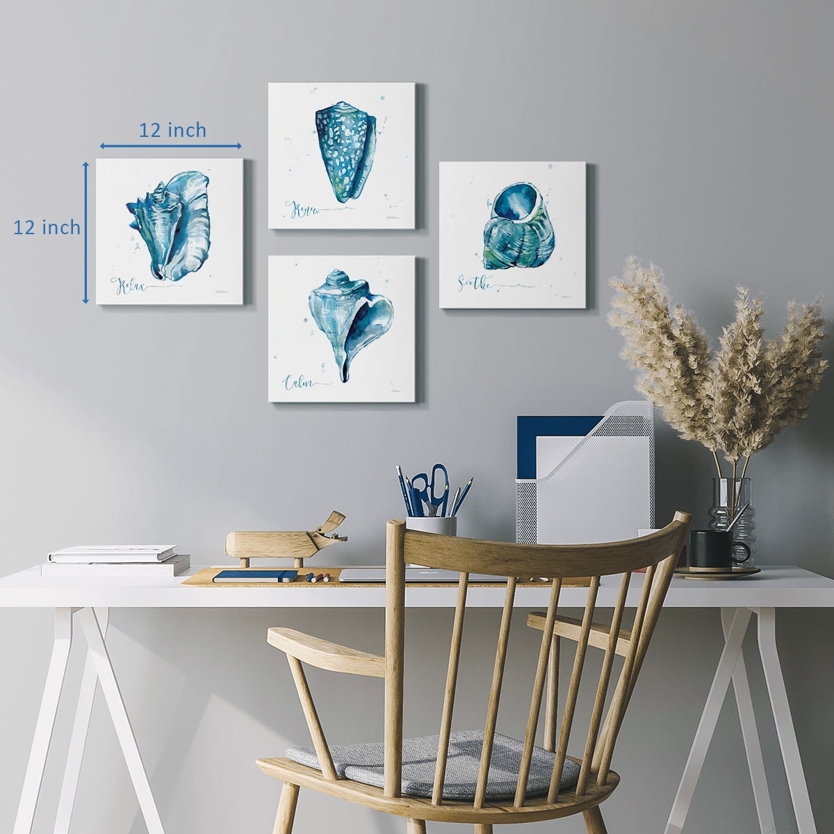 Wexford Home Seashell Beach House Theme Wall Décor 16 x 16 inches, Set of 4 Nautical Wall Art Canvas Prints Decoration for Bathroom Bedroom Living Room